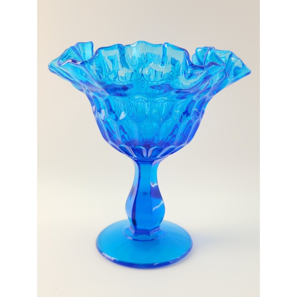 Fenton Colonial Blue Ruffled Thumbprint Glass Compote Footed 6" Candy Dish